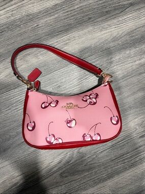 Coach Pink Cherry Print Shoulder Bag with Red Trim